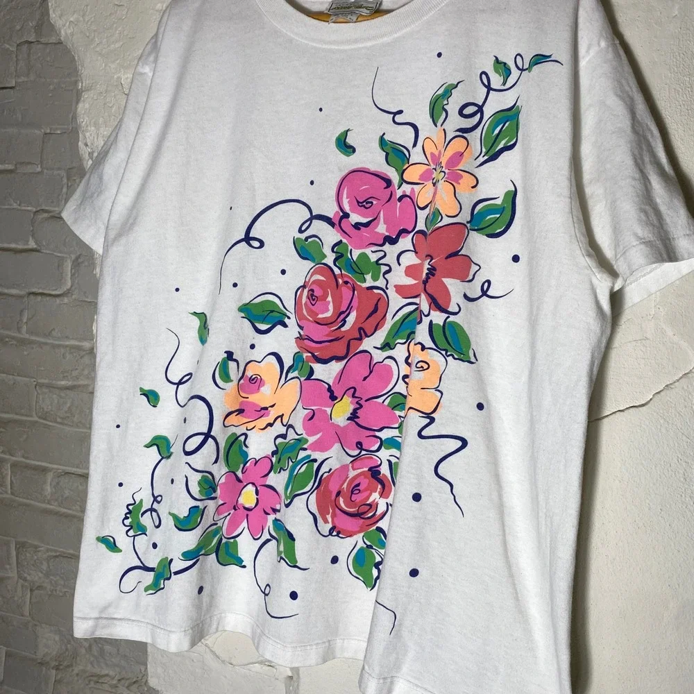 Vintage Jacques Moret Floral Graphic One Size T-Shirt‎ White 90s Made in USA